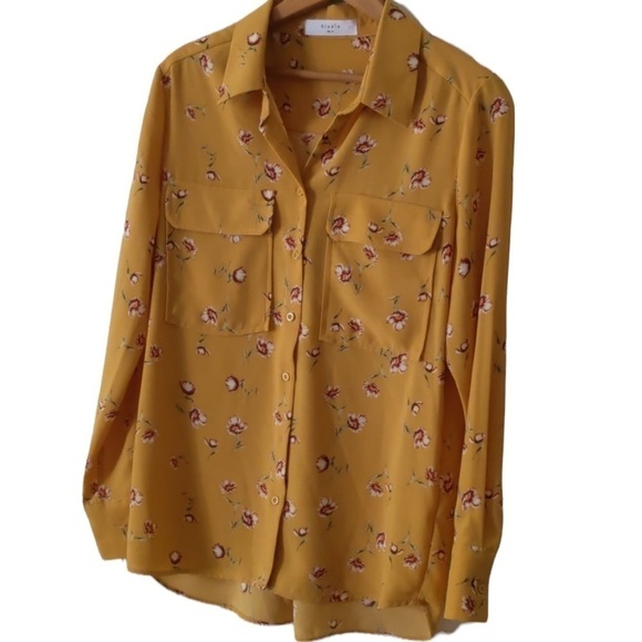 Elodie Mustard Floral Long Sleeve Blouse Front Flap Pockets Sz XL - Picture 5 of 10